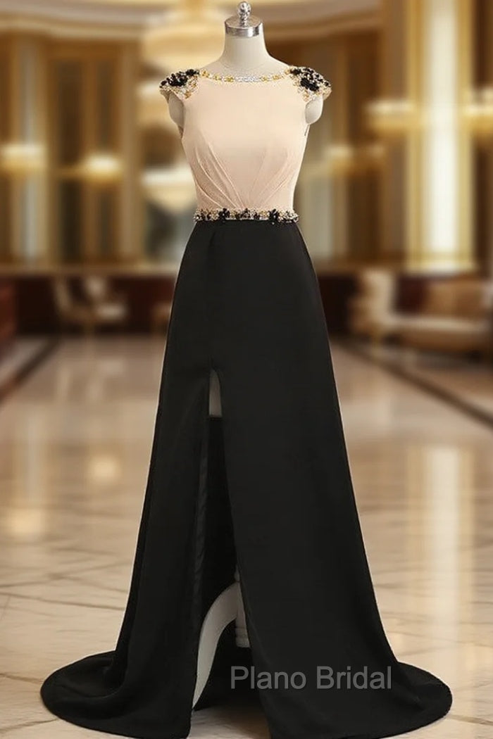 A-Line Champagne Black Cap Sleeve Backless Long Formal Prom Dresses