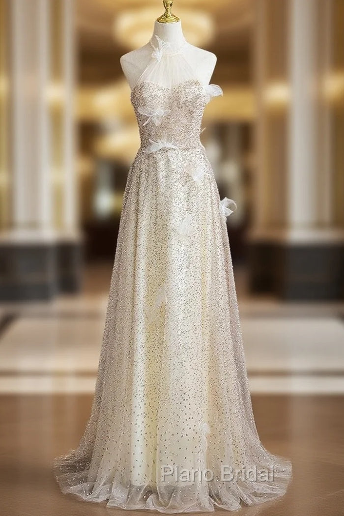 A-line Champagne Halter Sequins Formal Prom Dresses