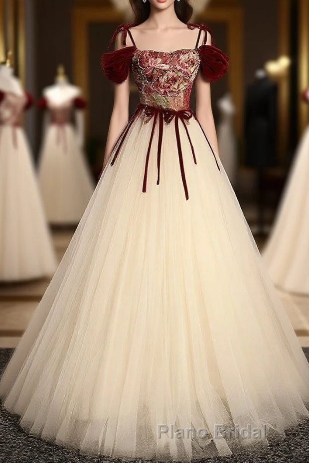 A line  champagne long Formal Prom dress, champagne tulle formal evening dress Main image