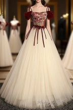 A line  champagne long Formal Prom dress, champagne tulle formal evening dress