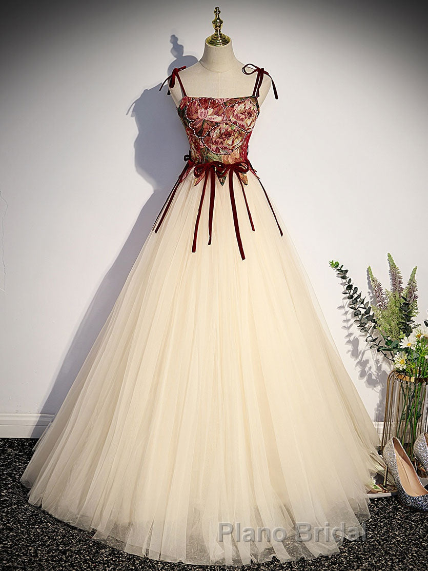 A line  champagne long Formal Prom dress, champagne tulle formal evening dress