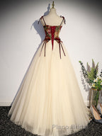 A line  champagne long Formal Prom dress, champagne tulle formal evening dress