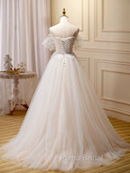 A Line Champagne Long Formal Prom Dresses, Lace Champagne Long Formal Dresses