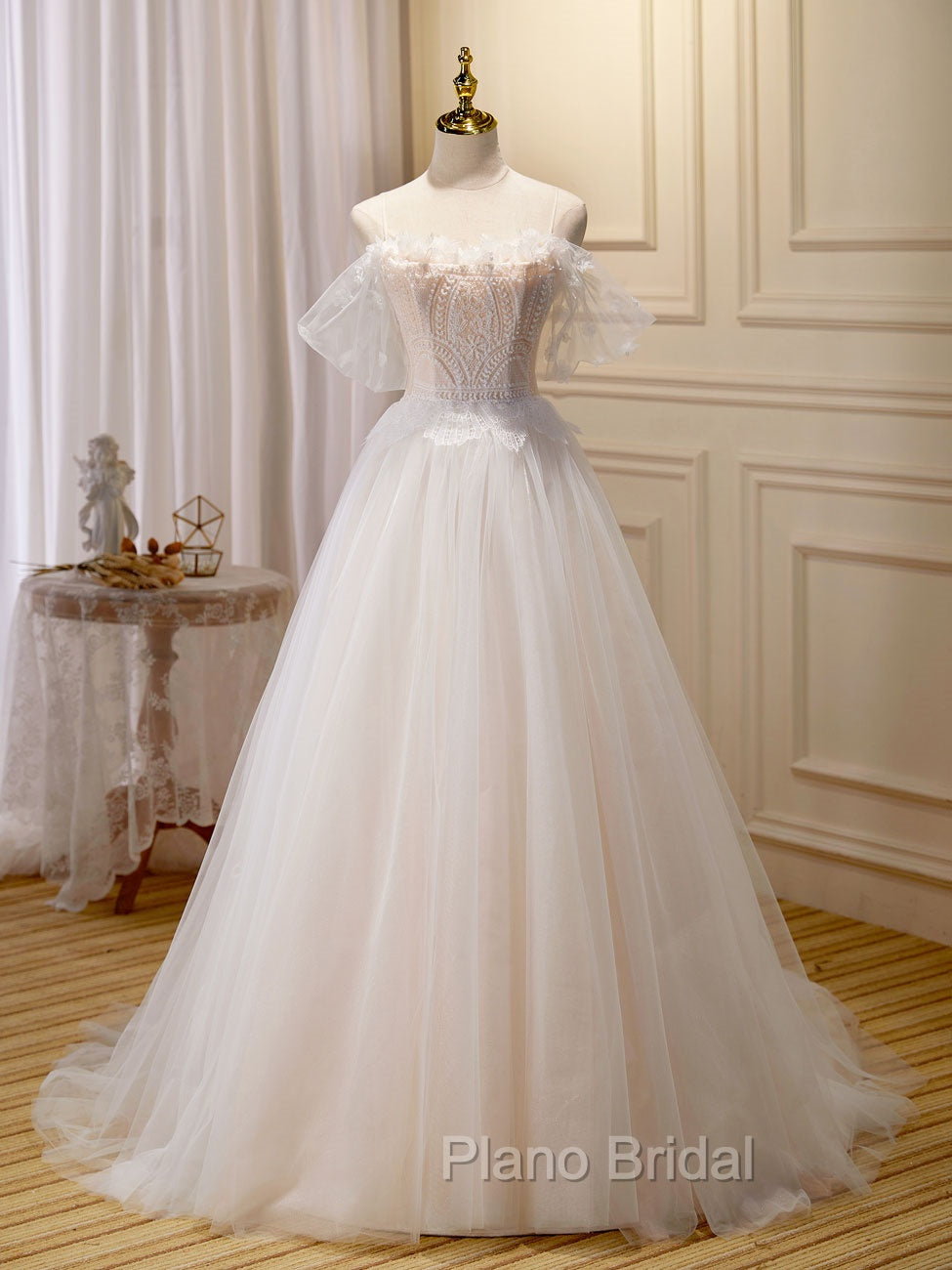 A Line Champagne Long Formal Prom Dresses, Lace Champagne Long Formal Dresses Main image