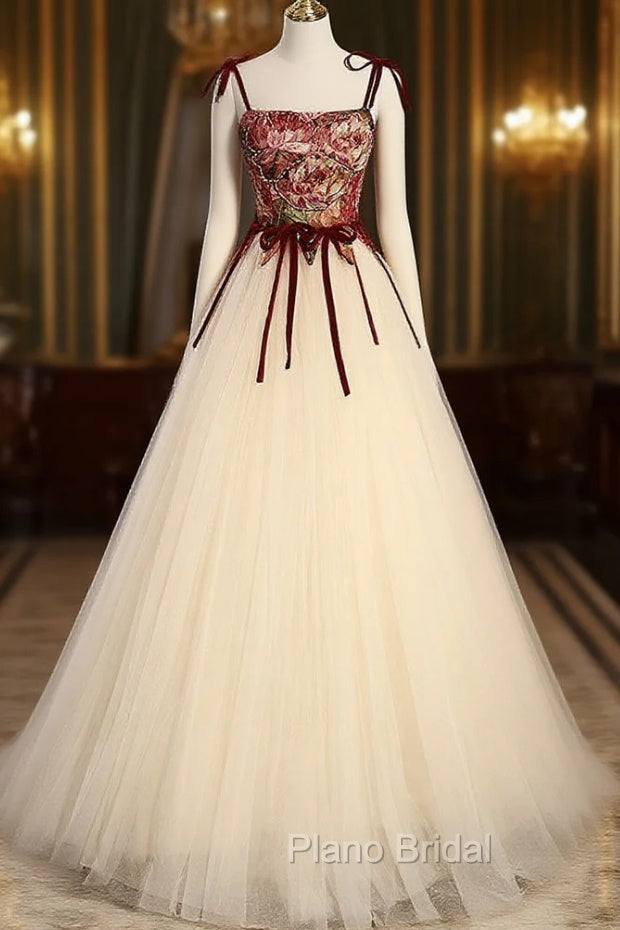 A line Champagne Long Formal Prom Dresses, Champagne Formal Gown With Beading Velvet