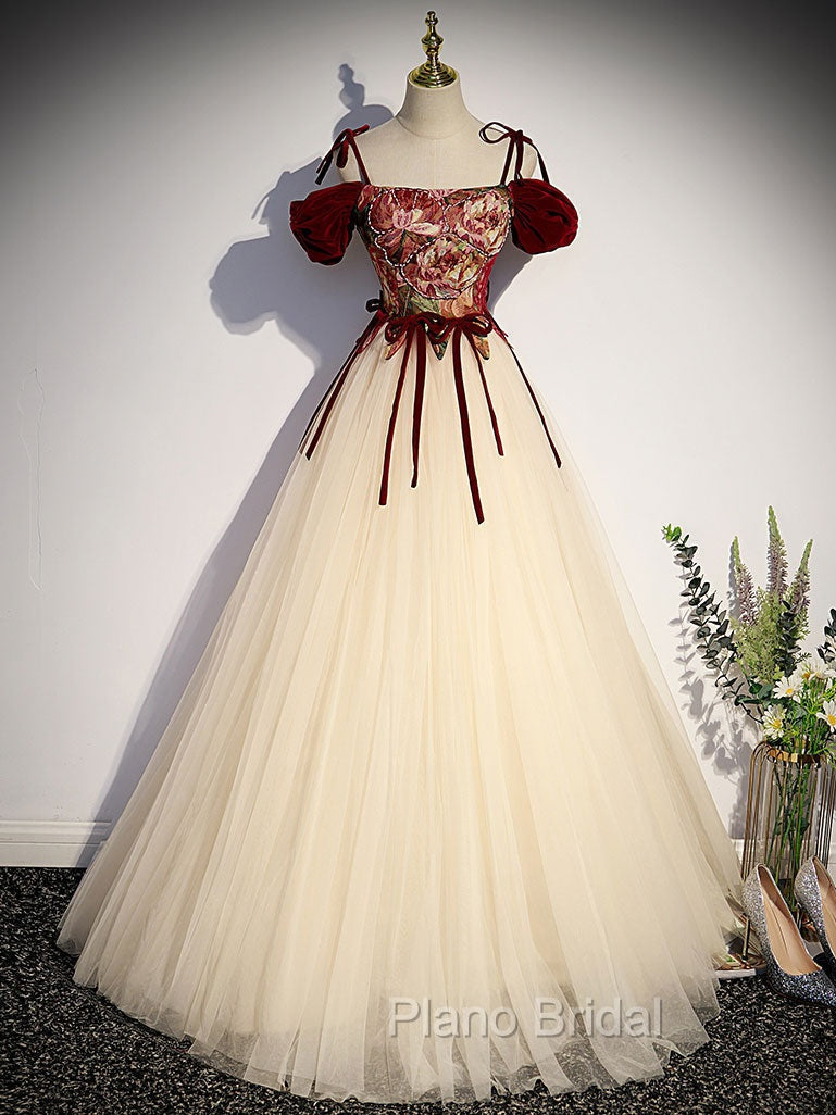 A line Champagne Long Formal Prom Dresses, Champagne Formal Gown With Beading Velvet Main image