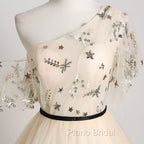 A-line Champagne One Shoulder Formal Prom Dresses, Long Party Dresses