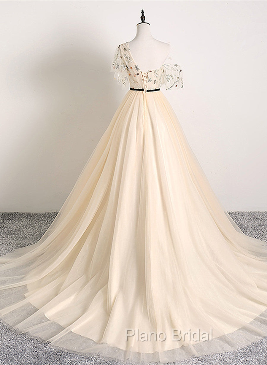 A-line Champagne One Shoulder Formal Prom Dresses, Long Party Dresses Secondary image