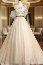 A-line Champagne One Shoulder Formal Prom Dresses, Long Party Dresses