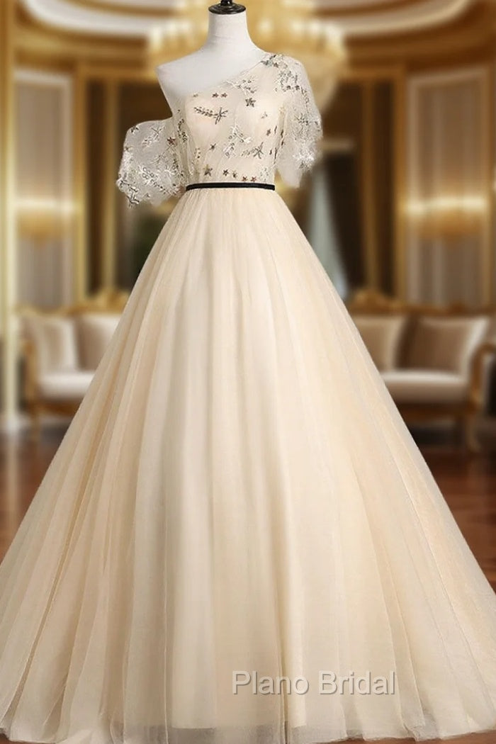 A-line Champagne One Shoulder Formal Prom Dresses, Long Party Dresses