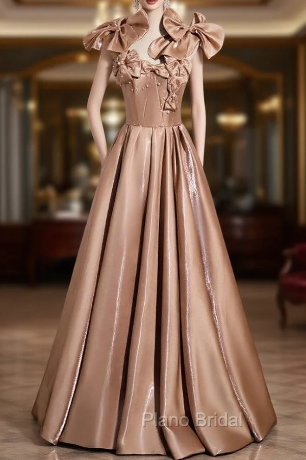 A-line Champagne Satin Bow Formal Prom Dresses