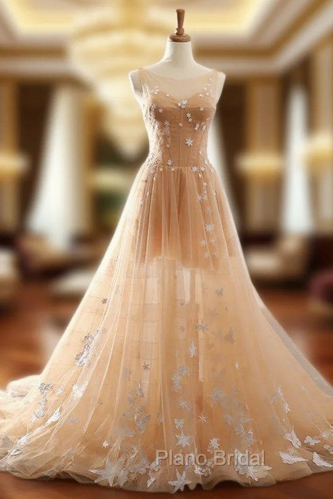 A-Line Champagne Tulle Backless Appliques Wedding Dresses