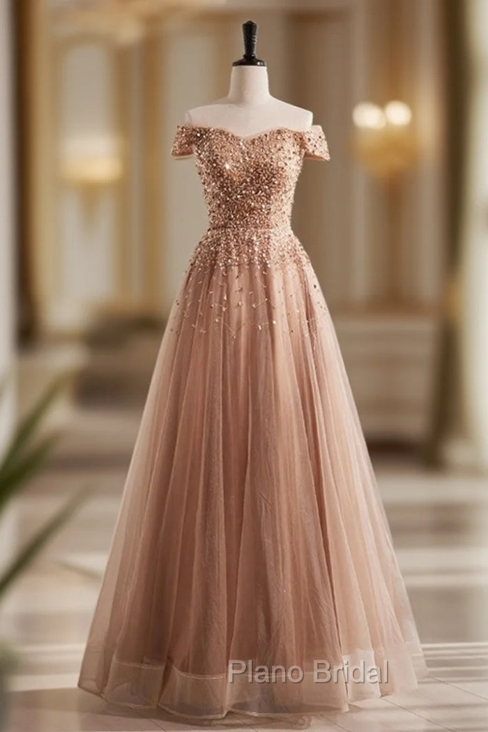 A-Line Champagne Tulle Beading Sequins Formal Prom Dresses Main image