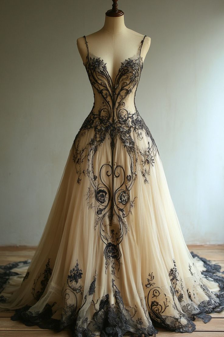 A Line Champagne Tulle Black Lace Long Formal Prom Dresses Charming Formal Evening Dresses