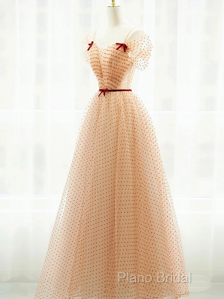 A-Line Champagne Tulle Long Formal Prom Dresses, Champagne Long Formal Dresses