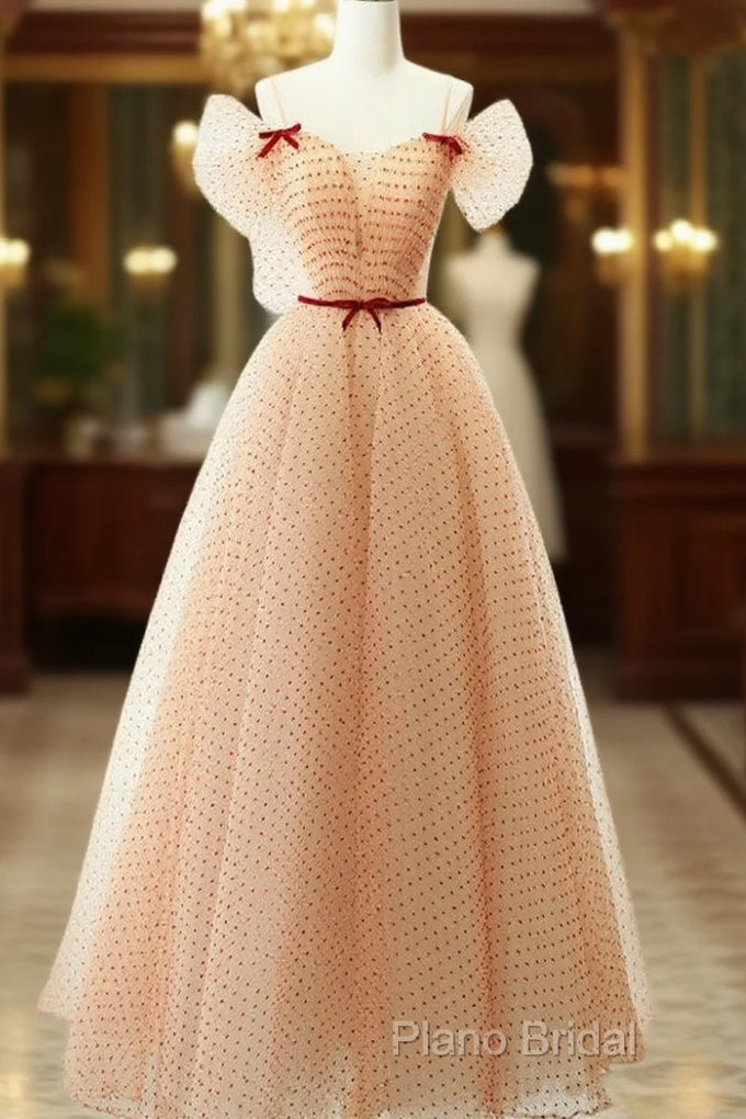 A-Line Champagne Tulle Long Formal Prom Dresses, Champagne Long Formal Dresses Main image