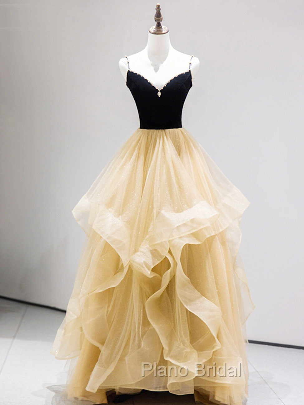 A-Line Champagne Tulle Long Formal Prom Dresses, Velvet Graduation Dresses with Beading Main image