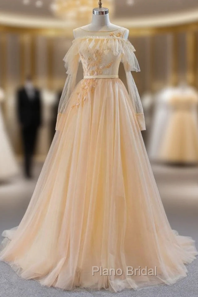 A-Line Champagne Tulle Long Sleeve Backless Formal Prom Dresses Main image