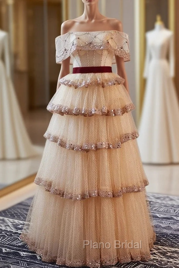 A-Line Champagne Tulle Sequins Beading Off the Shoulder Formal Prom Dresses