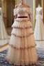 A-Line Champagne Tulle Sequins Beading Off the Shoulder Formal Prom Dresses