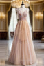 A-Line Champagne Tulle Spaghetti Straps Beading Formal Prom Dresses
