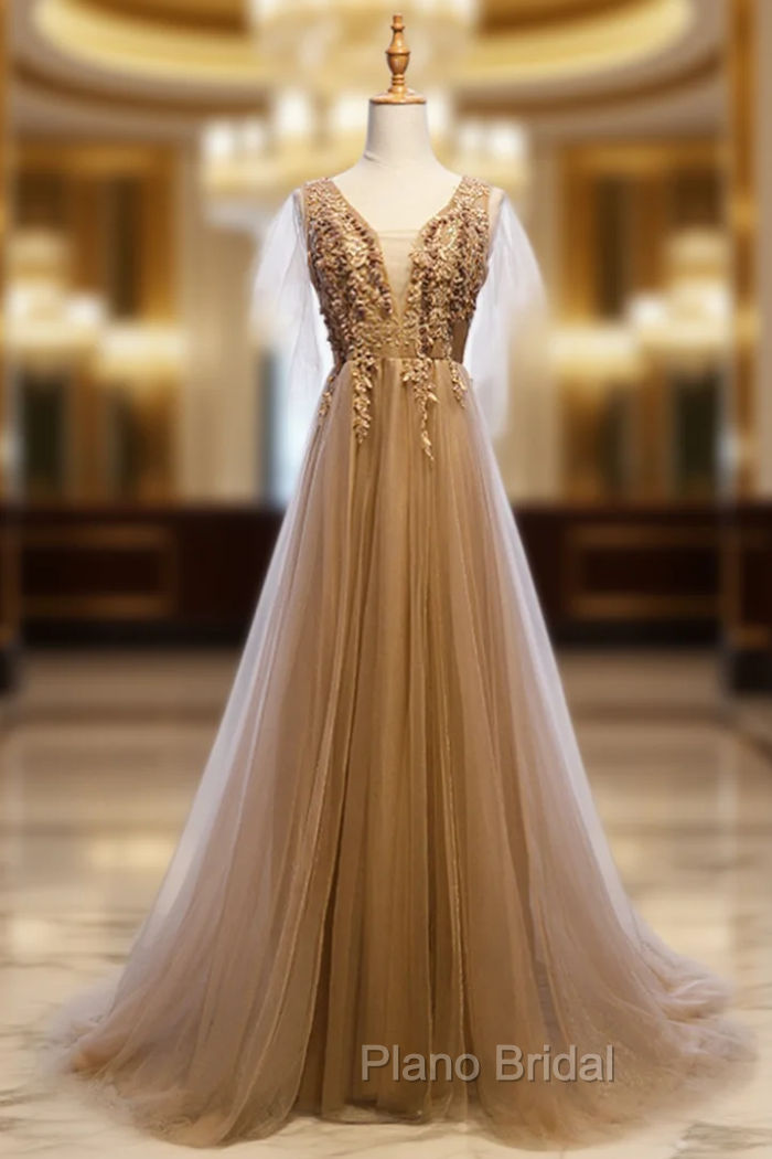 A-Line Champagne Tulle V-neck Backless Appliques Formal Prom Dresses Main image