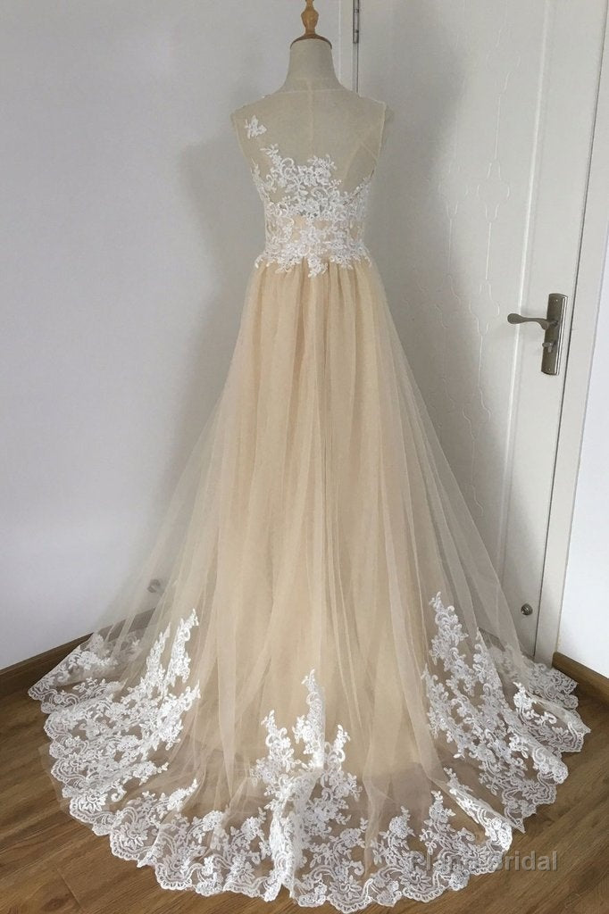 A-line Champagne with White Lace Round Neckline Party Dress, Beautiufl Wedding Party Dresses Main image