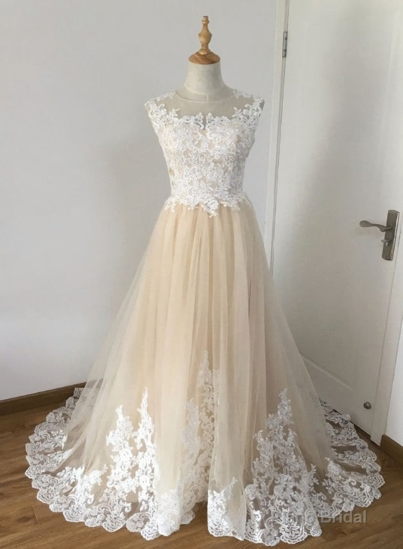 A-line Champagne with White Lace Round Neckline Party Dress, Beautiufl Wedding Party Dresses Secondary image