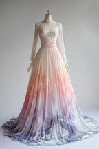 A-Line Chiffon Applique Long Sleeve Wedding Dresses Round Neck Sequin Tulle Long Formal Prom Dresses