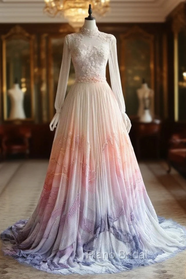 A-Line Chiffon Applique Long Sleeve Wedding Dresses Round Neck Sequin Tulle Long Formal Prom Dresses Main image