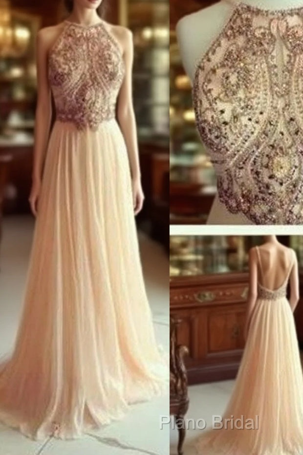 A Line Chiffon Backless Beading, Sequin Long Formal Prom Dresses Main image