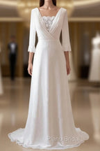 A-Line Chiffon Lace White  Satin Weddig Dresses