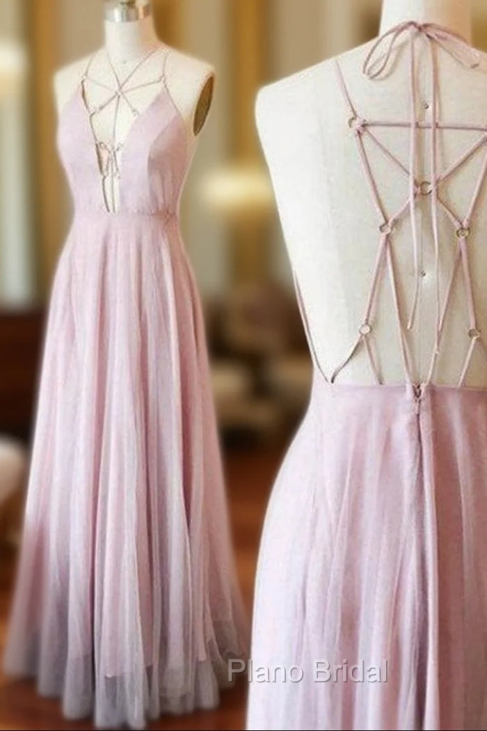 A-line Chiffon Pink Spaghetti Strap Deep V-neck Formal Prom Dresses Main image