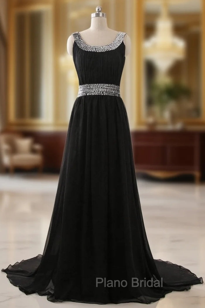 A Line Chiffon Scoop Neck Black Evening Dresses Pleat Sequined Waist