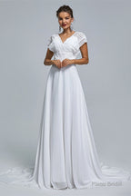 A-Line Chiffon V-Neck Applique Floor-Length Wedding Dresses