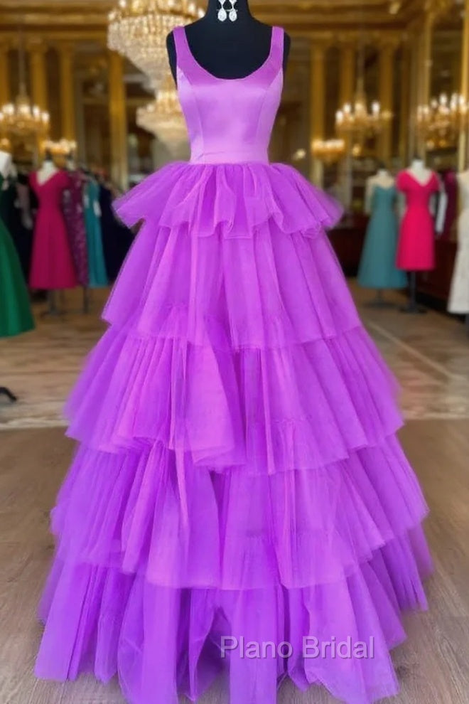 A-Line Crew Neck Lilac Tiered Tulle Long Formal Dresses Main image