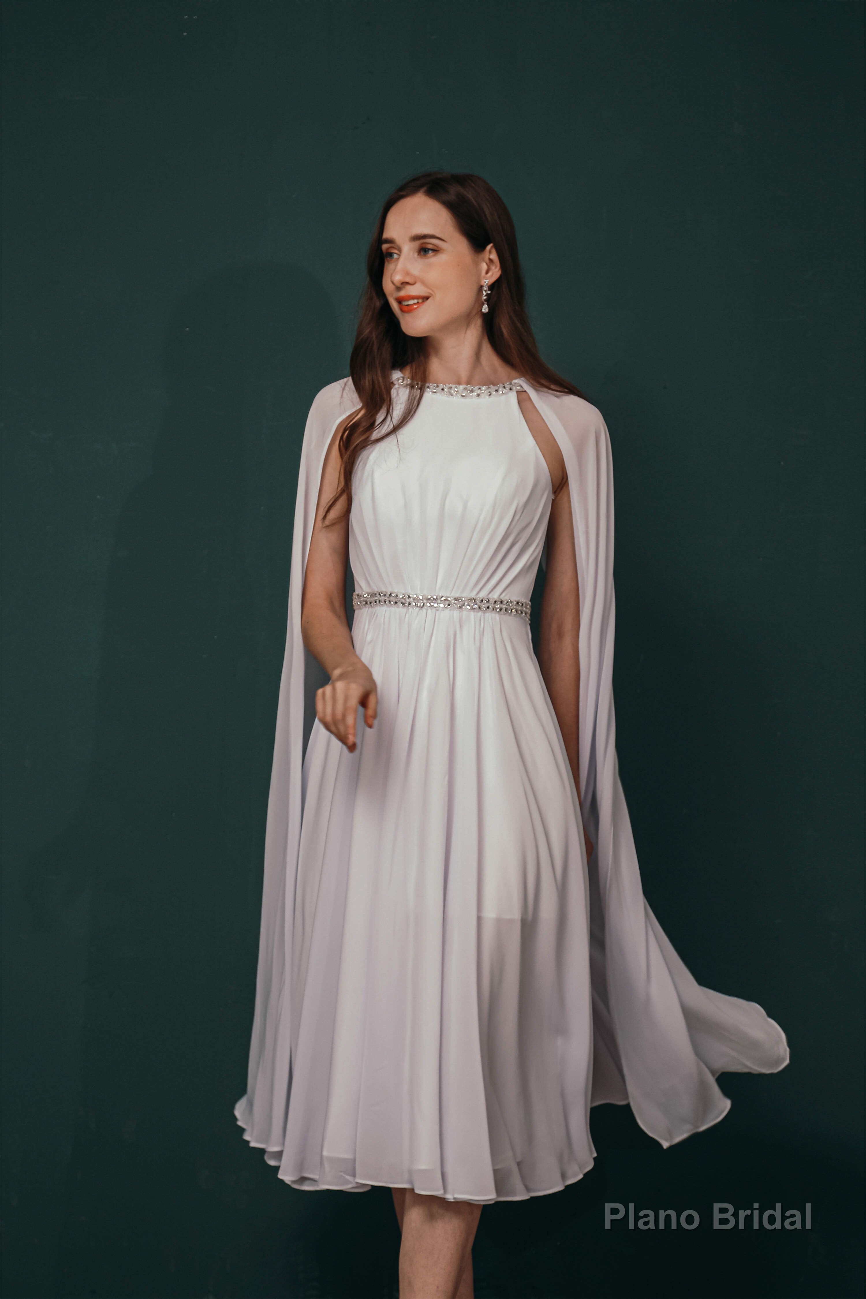 A-Line Crew Tea Length Chiffon Beaded Waist Mother of The Bride Dresses Secondary image
