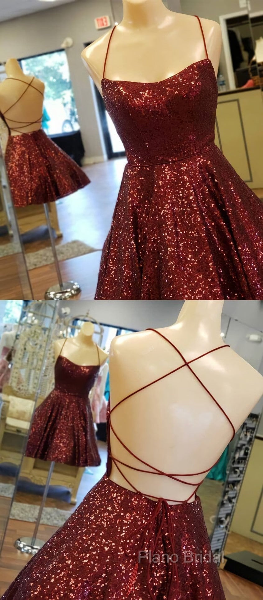 A Line Criss Cross Straps Back Burgundy Sequins Homecoming Dresses
