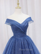 A-Line Dark Blue Tulle Long Formal Prom Dresses, Blue Formal Evening Dresses