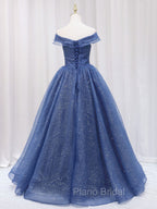 A-Line Dark Blue Tulle Long Formal Prom Dresses, Blue Formal Evening Dresses