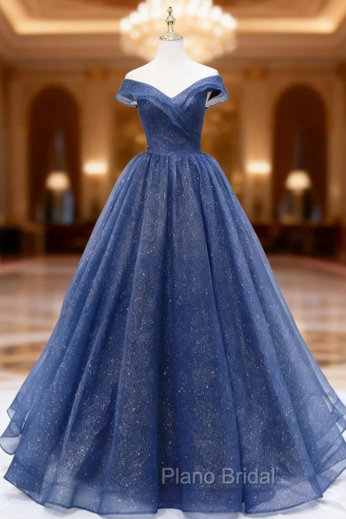 A-Line Dark Blue Tulle Long Formal Prom Dresses, Blue Formal Evening Dresses Main image