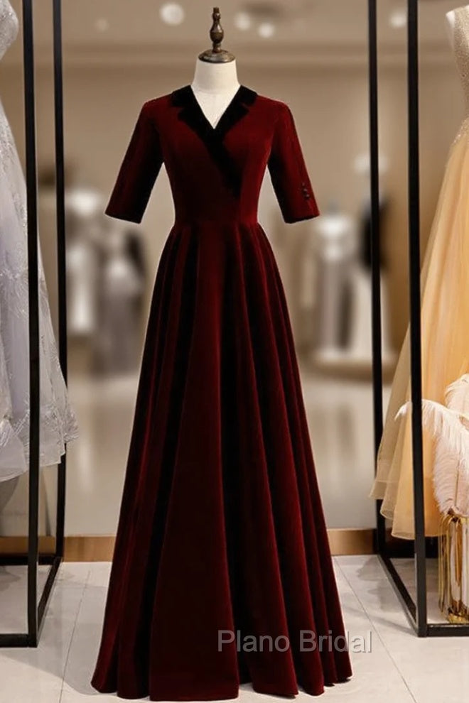A-Line Dark Burgundy Short Sleeve V-neck Formal Prom Dresses