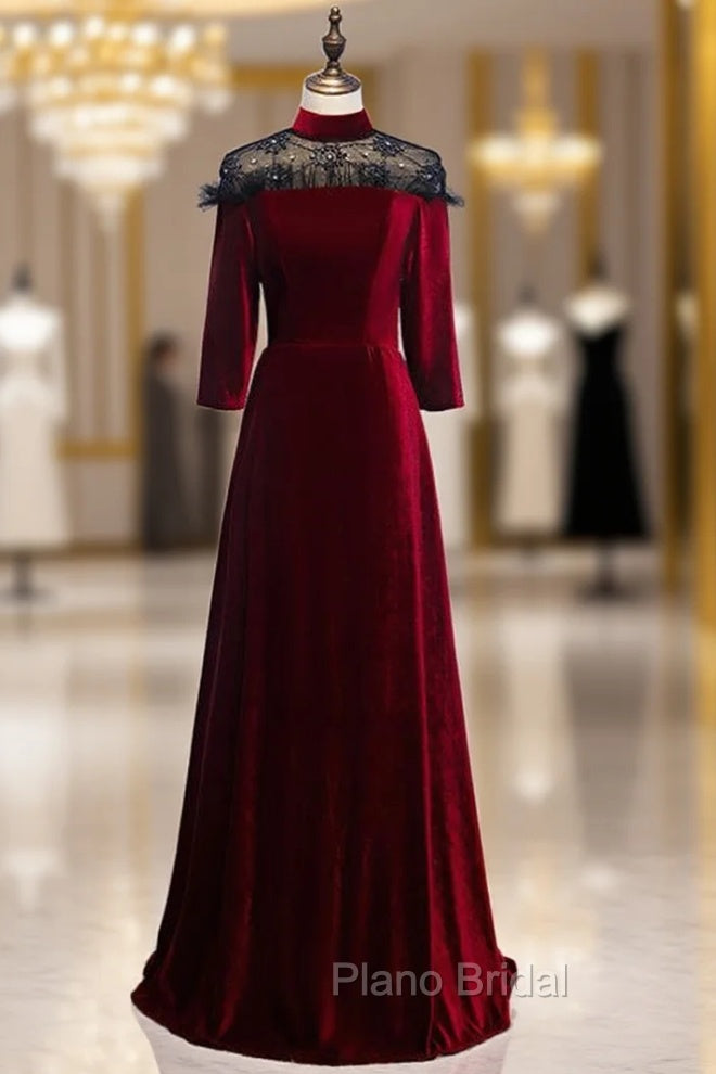 A-Line Dark Burgundy Velvet High Neck Short Sleeve Formal Prom Dresses