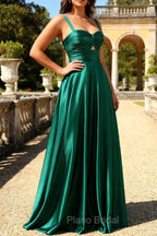 A Line Dark Green Prom Dress Satin Cut-Out Wedding Guest Dress