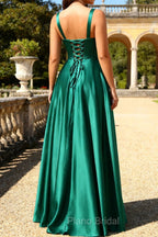 A Line Dark Green Prom Dress Satin Cut-Out Wedding Guest Dress