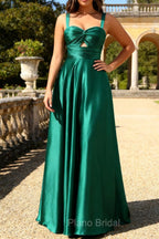 A Line Dark Green Prom Dress Satin Cut-Out Wedding Guest Dress