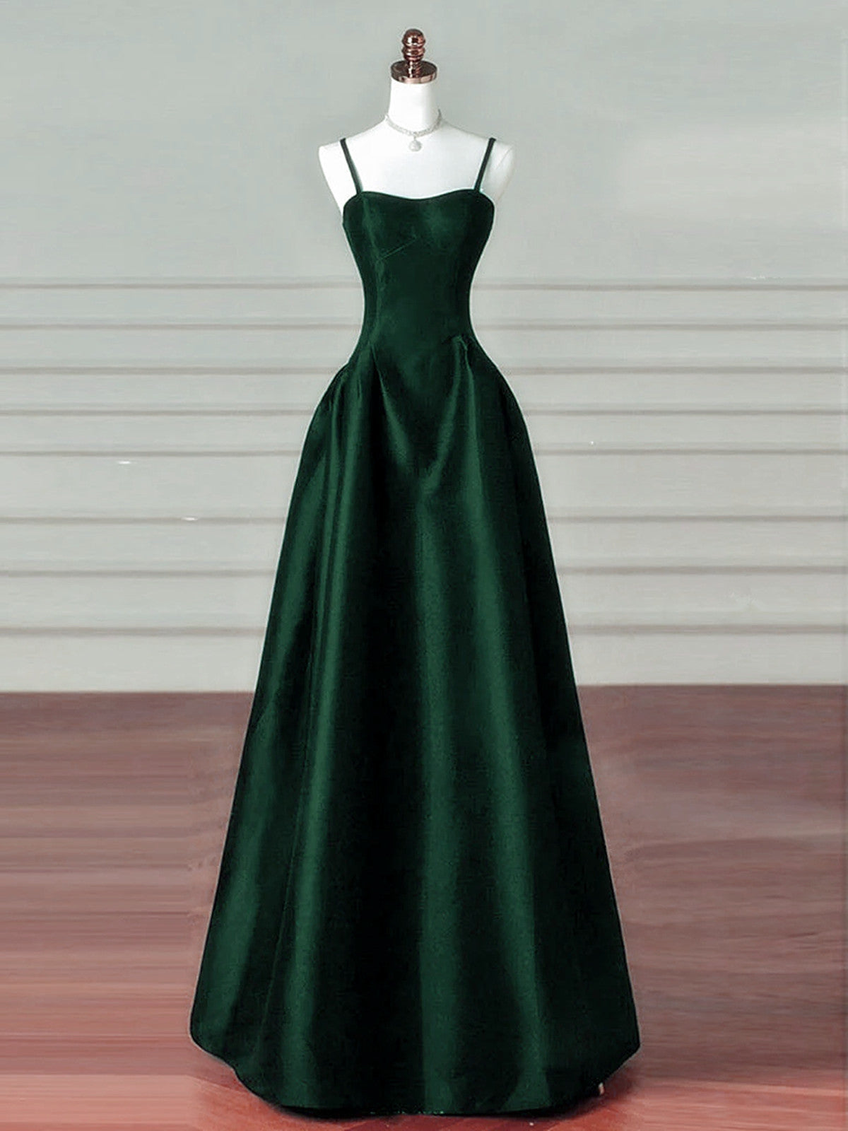 A-Line Dark Green Satin Straps Long Party Dresses, Green Satin Formal Prom Dresses Main image