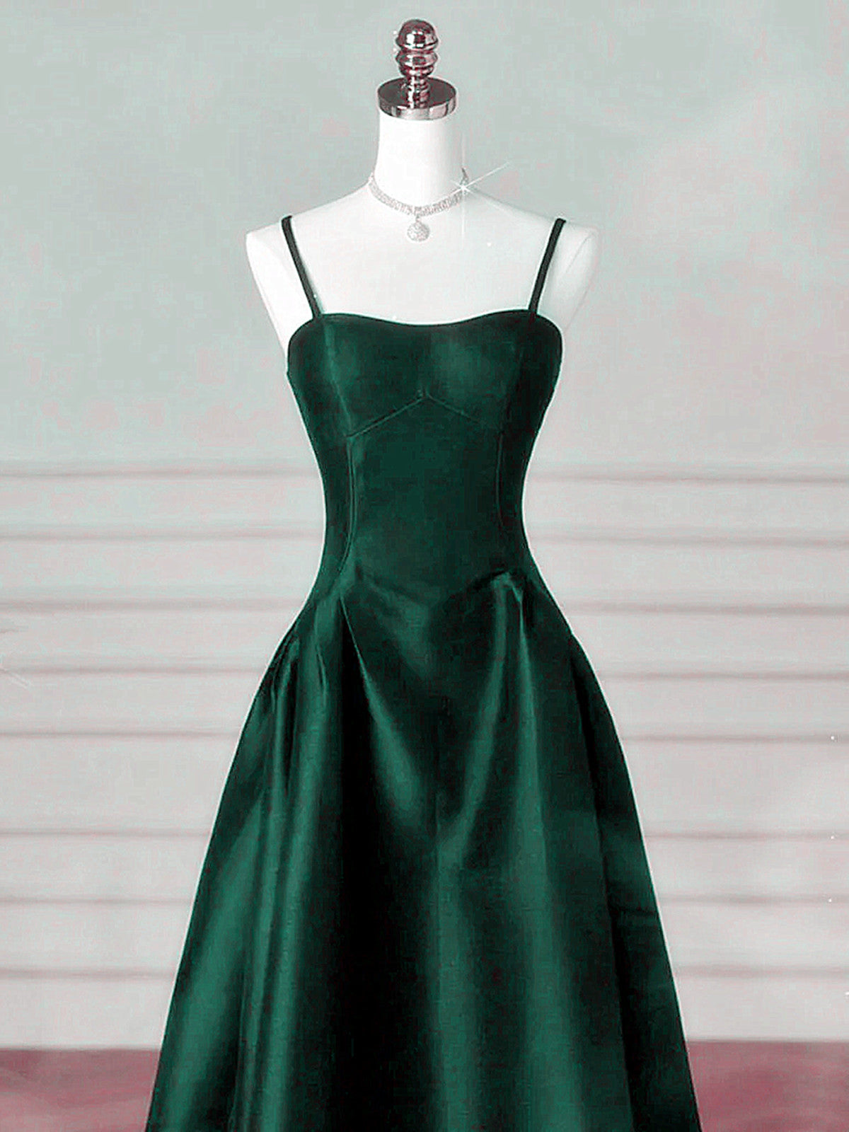 A-Line Dark Green Satin Straps Long Party Dresses, Green Satin Formal Prom Dresses Secondary image
