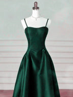 A-Line Dark Green Satin Straps Long Party Dresses, Green Satin Formal Prom Dresses