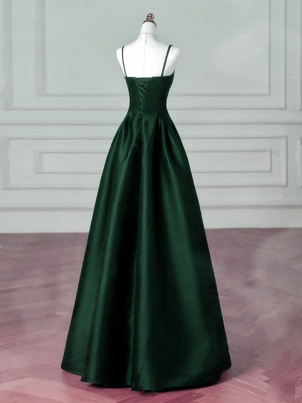 A-Line Dark Green Satin Straps Long Party Dresses, Green Satin Formal Prom Dresses